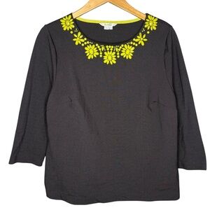 Boden embellished blouse 3/4 sleeves gray Yellow gem necklace top size 14
